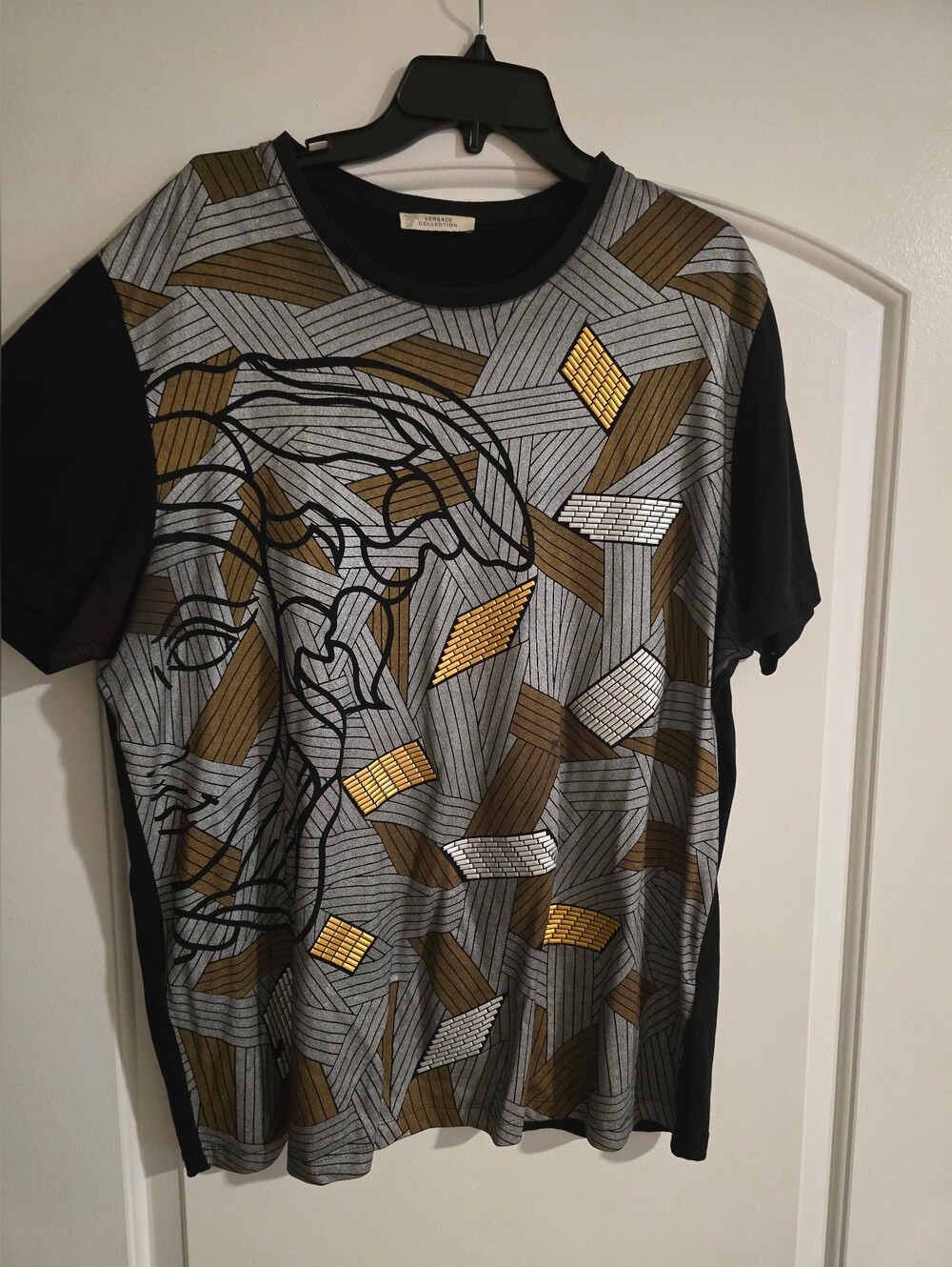 Versace Collection Black, Gray & Gold Geometric Face Print Short Sleeve Tee